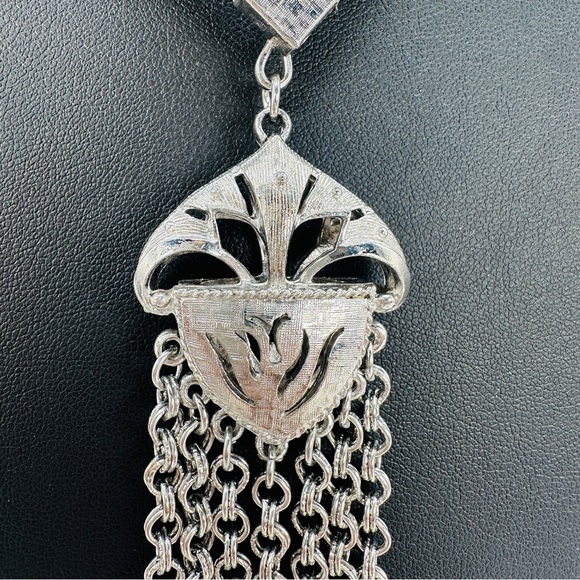 Vintage Necklace with Chain Tassel Y Texture Link Estate Jewelry Statement 1960s - Picture 5 of 14